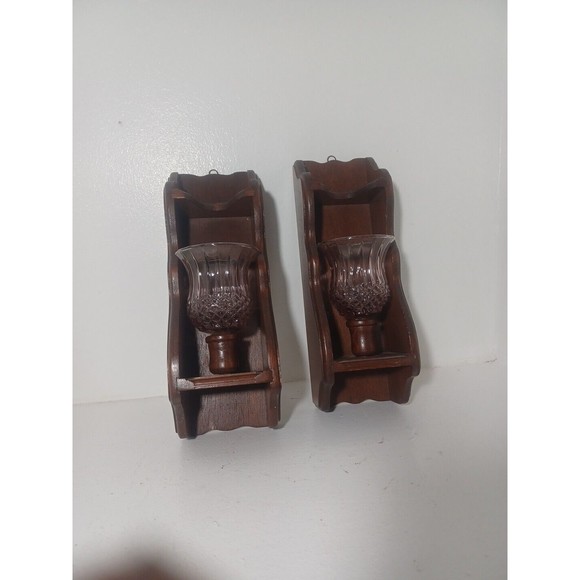 2Handmade Vintage Wood Candle Sconces Pink Glass Votive Holders 13"x5”